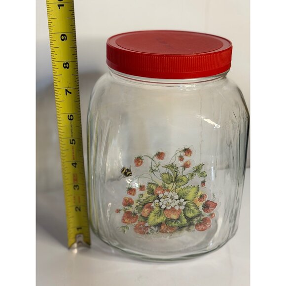 VTG 9" Large Glass Canister Jar Red Lid Strawberry Bee Decal Retro Kitchen Decor - Picture 6 of 6